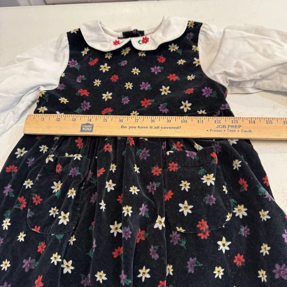 Osh Kosh B'Gosh Sz 6 Corduroy Jumper Dress 100% Cotton USA Black White Floral‎